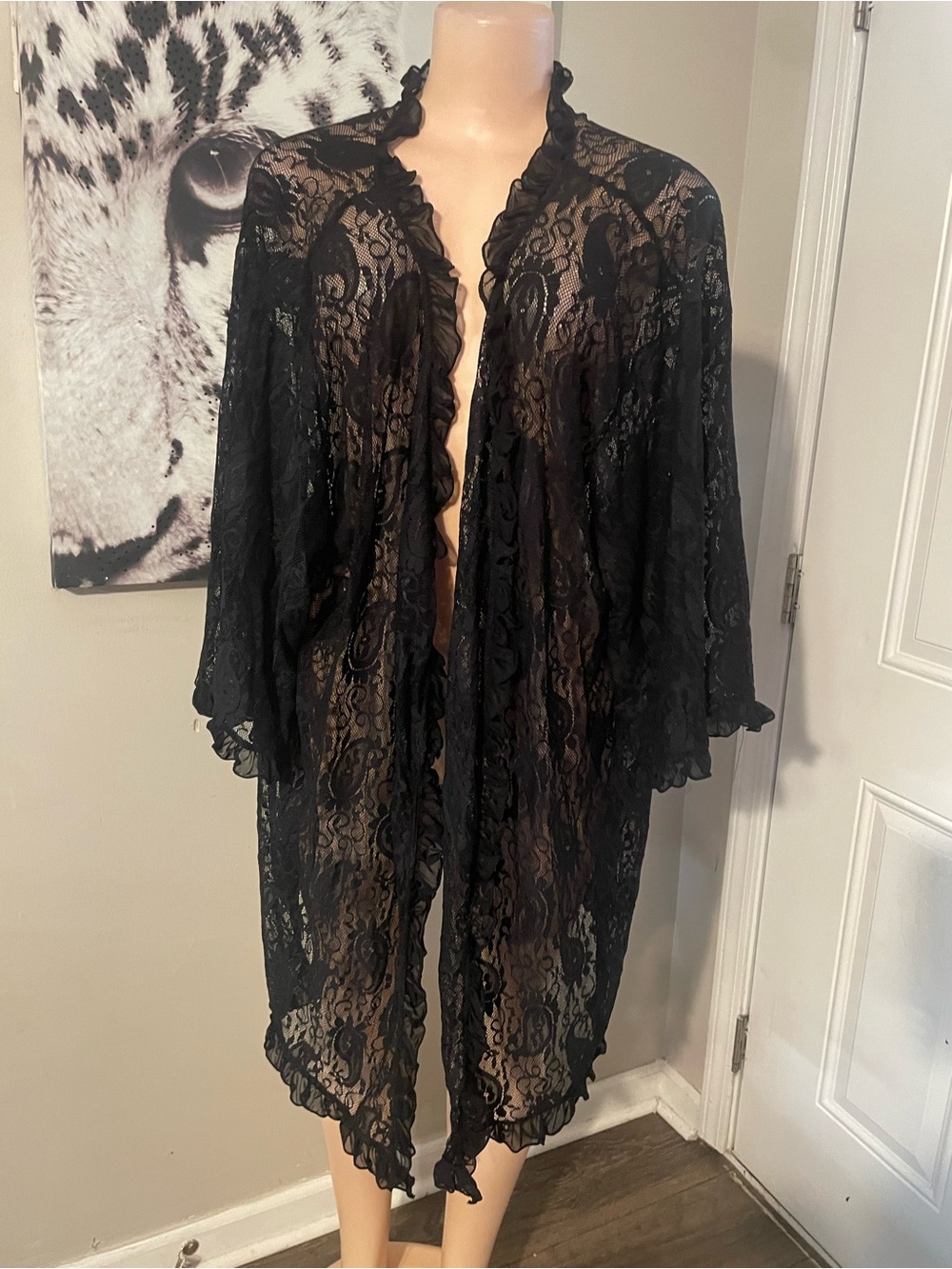 Sheer Black Lace Cardigan Ruffle hem - Elegant Women's comfort wrap 1x/2x dressy